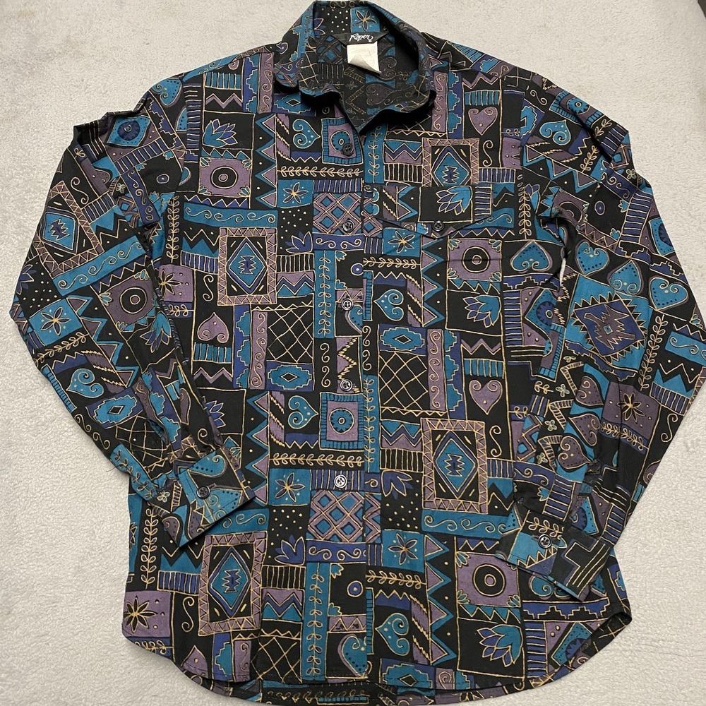 Vintage Roper Western Shirt Womens Small All Over Print Aztec Heart 90s USA
